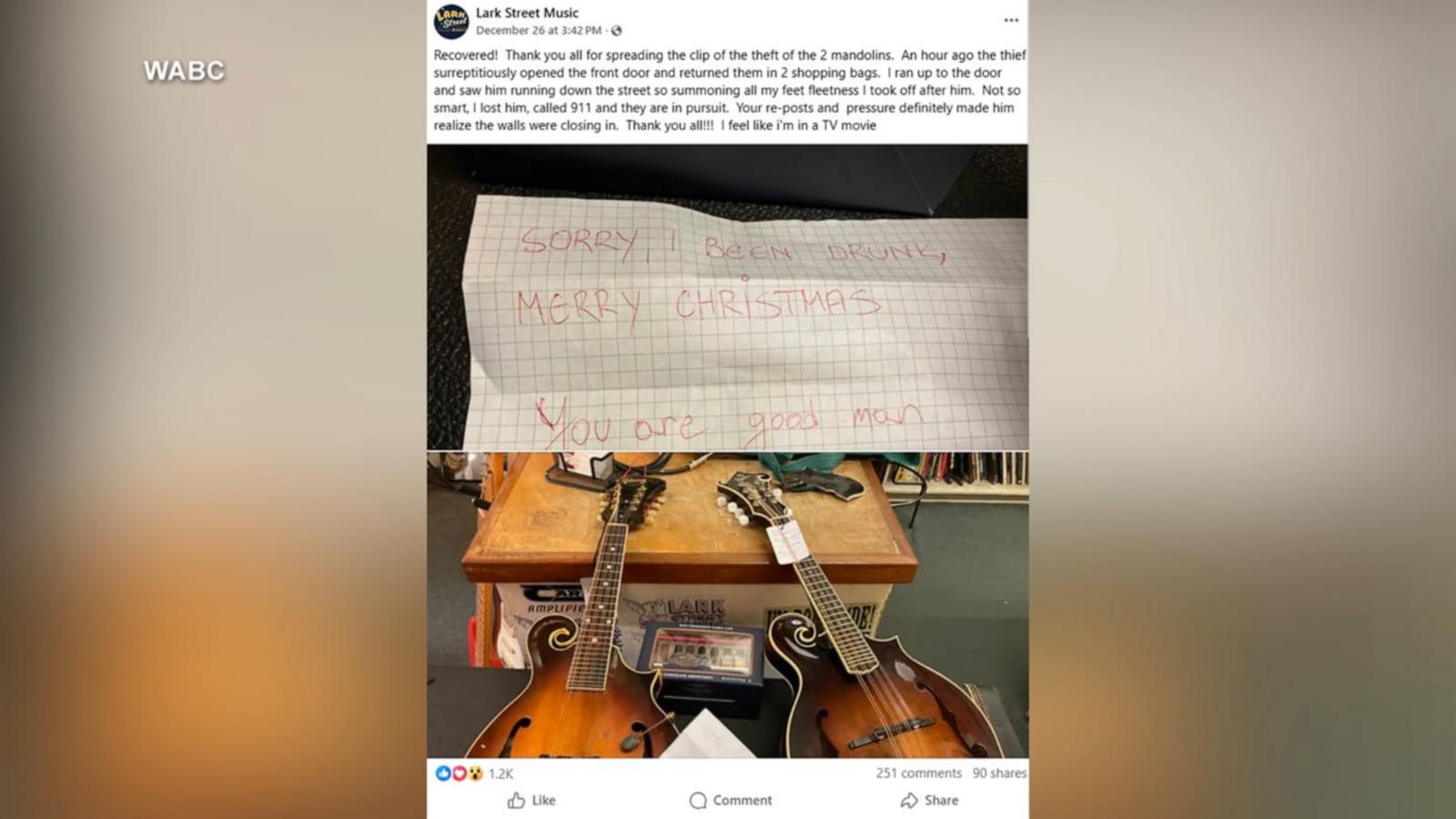 WATCH: Thief returns stolen mandolins to guitar store with apology note